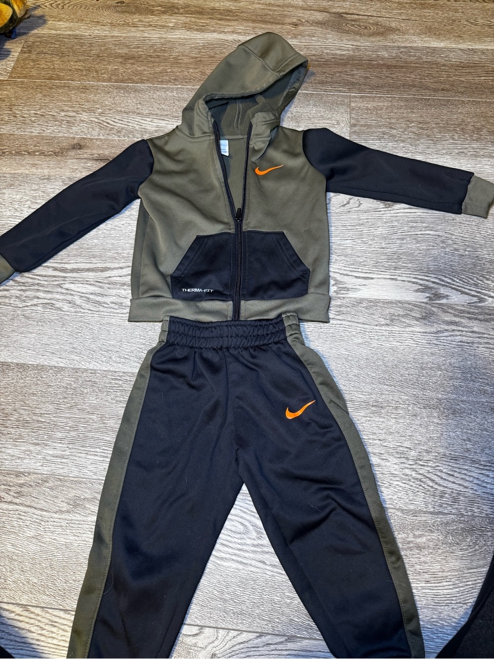 Nike Kids Olive Green and Black Hoodie & Pants Set with Orange Swoosh 3T
